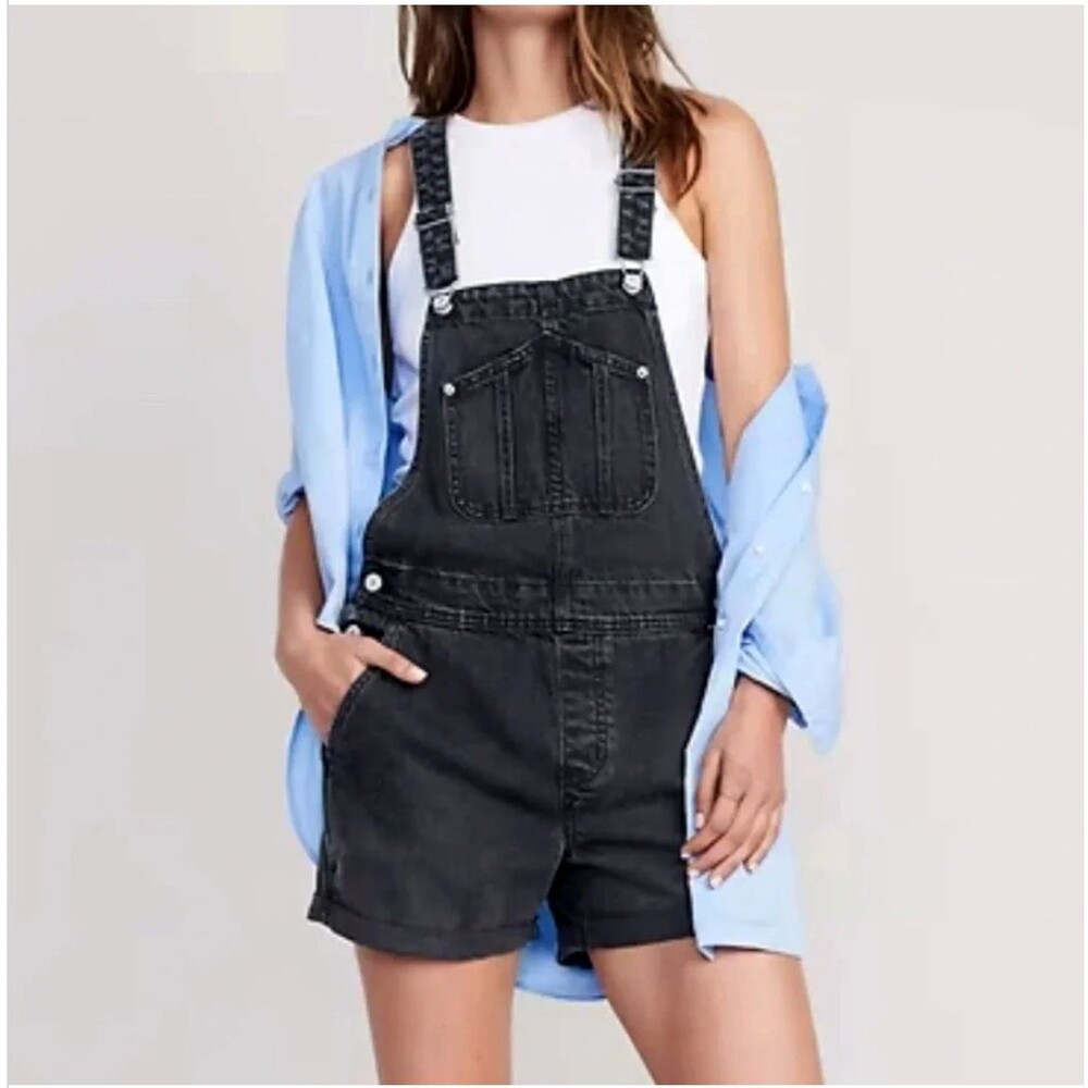Old Navy Denim Short Overalls Womens M Black Slouchy Bib Romper Utility Grunge